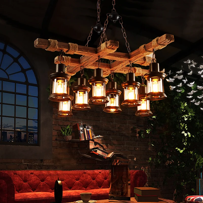 Clear Glazen Lantern Suspension Lamp Nautical Living Room Ceiling Chandelier Wood Wood