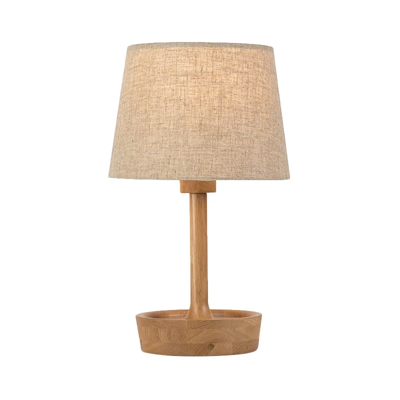 Cone Shade Fabric Task Lamp Contemporain 1 Bulb Flaxen/White Reading Light, Round Beige Wood Base White