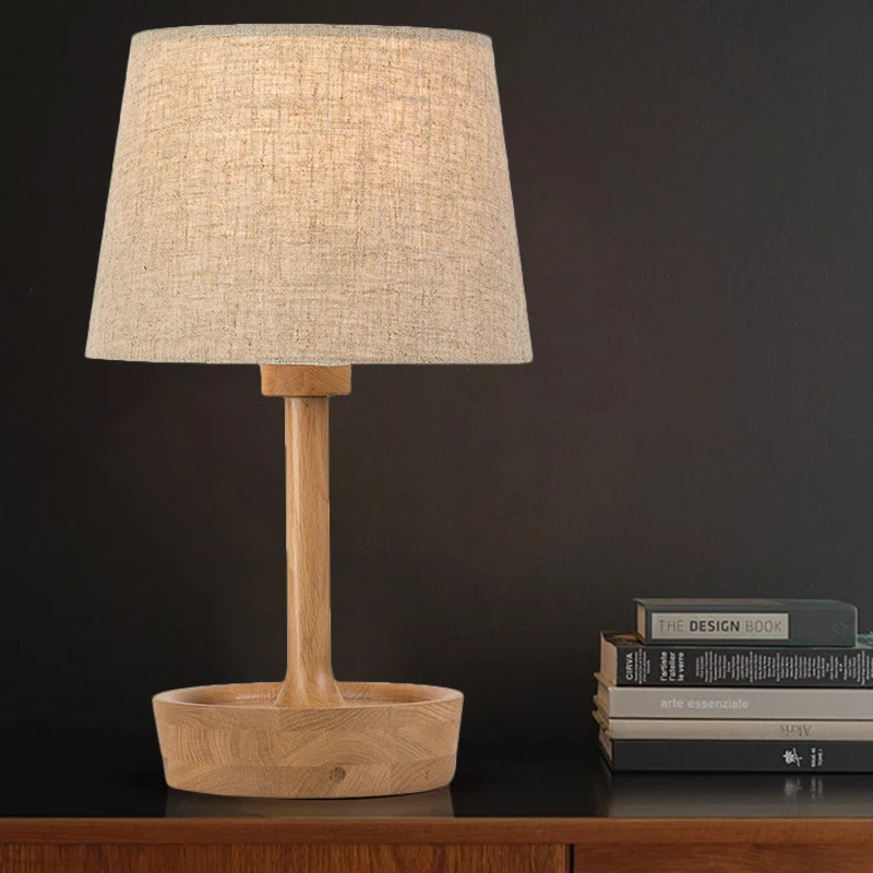 Cone Shade Fabric Task Lamp Contemporain 1 Bulb Flaxen/White Reading Light, Round Beige Wood Base White