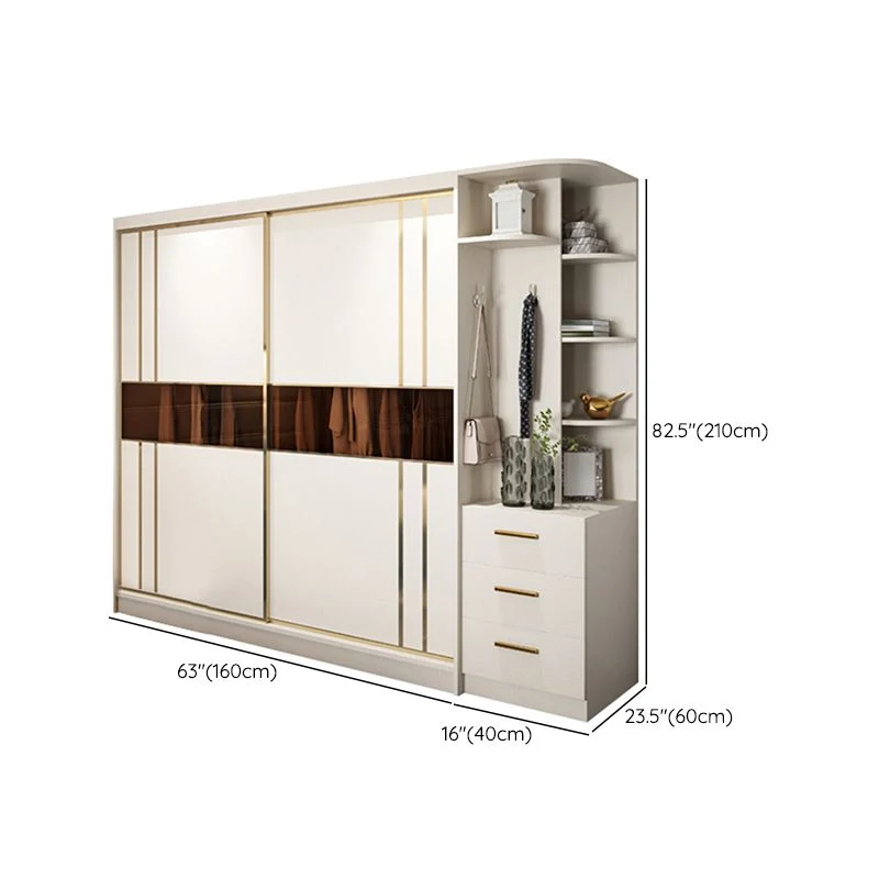 Contemporary Mild Close Doors Wardrobe Cabinet White Wood Sliding Doors Shelves 47l