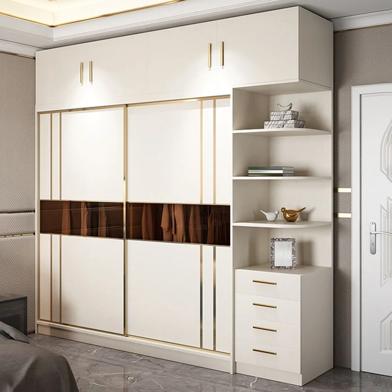 Contemporary Mild Close Doors Wardrobe Cabinet White Wood Sliding Doors Shelves 47l