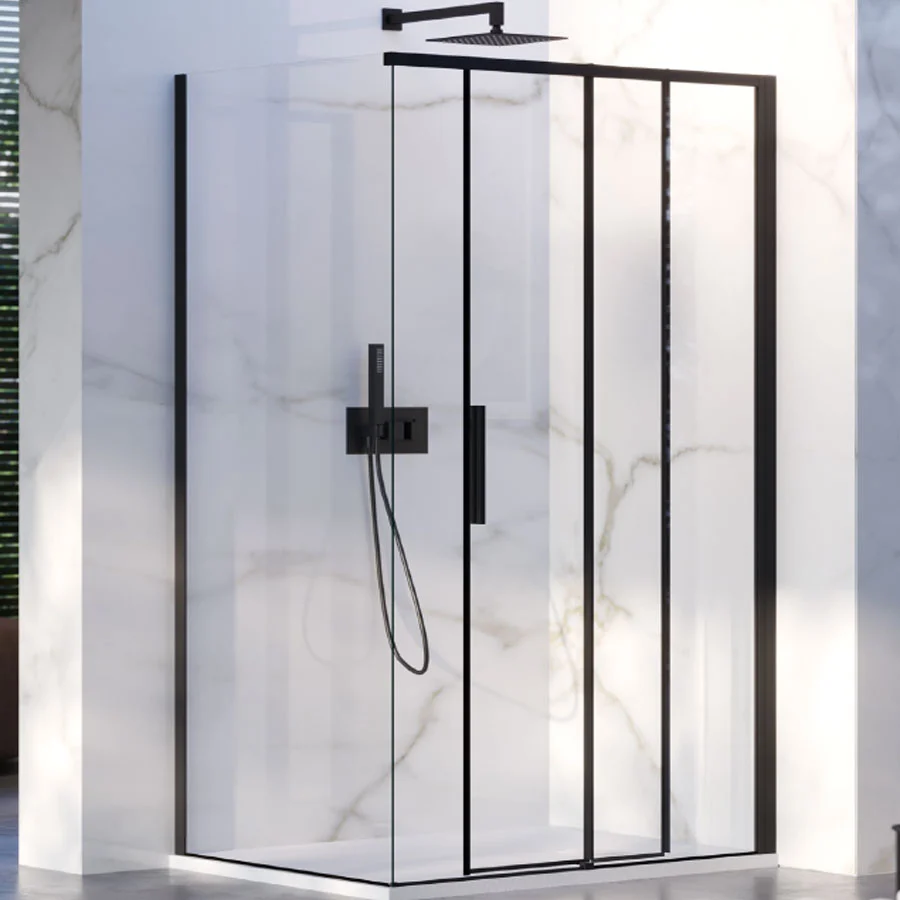 Corner shower enclosure 70x140 fixed side and sliding door 6 mm crystal and zwart profile Right version