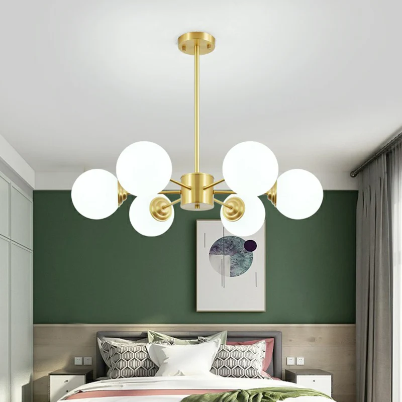Cream Glass Spherical Chandelier Light Minimalist Messing Ceiling Hang Lamp Living Room Brass