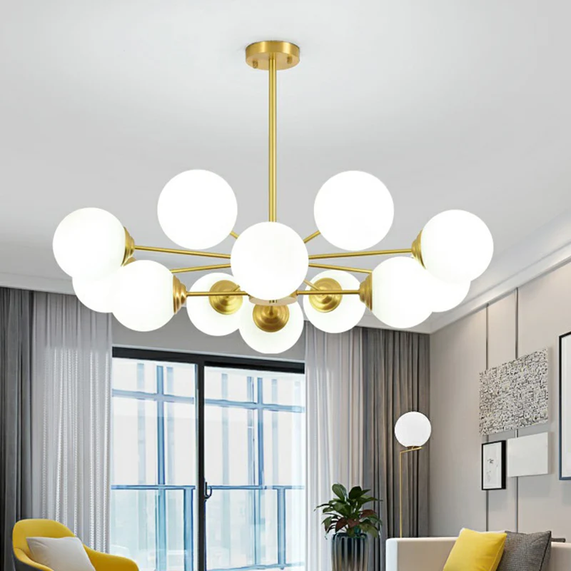 Cream Glass Spherical Chandelier Light Minimalist Messing Ceiling Hang Lamp Living Room Brass
