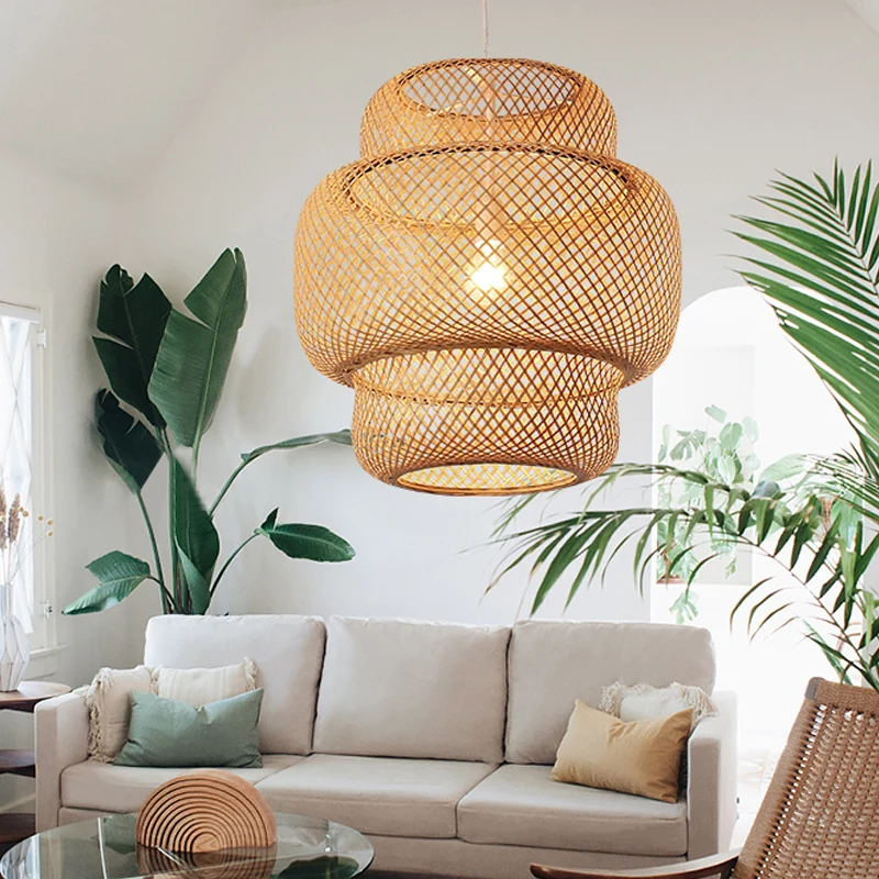 Criss-Cross Woven Lantern Pendant Asian Style Van bamboe 1 Bulb Living Room Hanging Light Black/Beige, 15"/19.5" W Beige