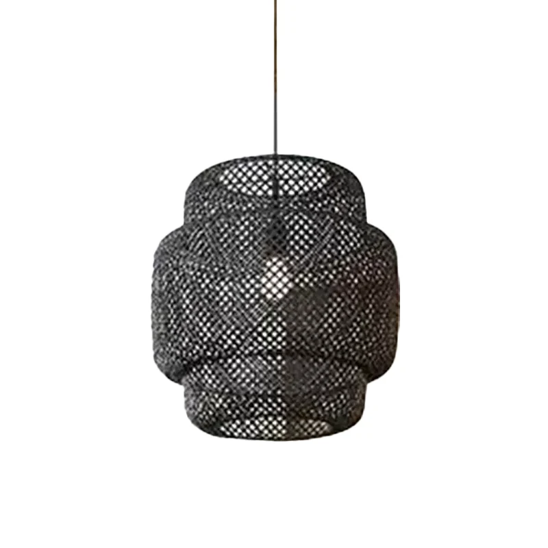 Criss-Cross Woven Lantern Pendant Asian Style Van bamboe 1 Bulb Living Room Hanging Light Black/Beige, 15"/19.5" W Beige