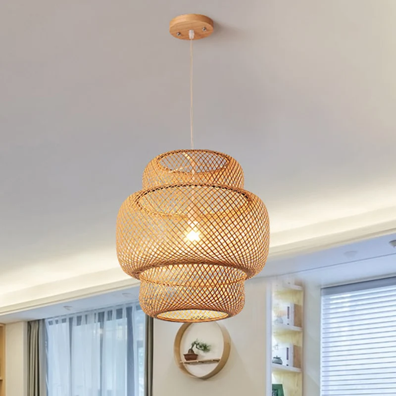 Criss-Cross Woven Lantern Pendant Asian Style Bamboe 1 Bulb Living Room Hanging Light Black/Beige, 15"/19.5" W Beige