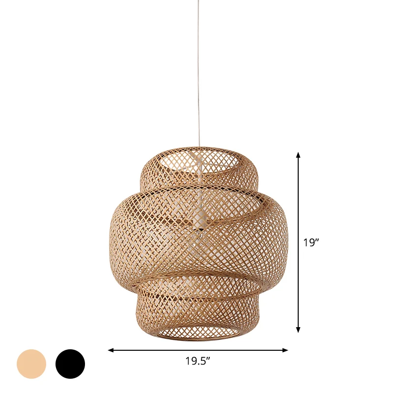 Criss-Cross Woven Lantern Pendant Asian Style Bamboe 1 Bulb Living Room Hanging Light Black/Beige, 15"/19.5" W Beige