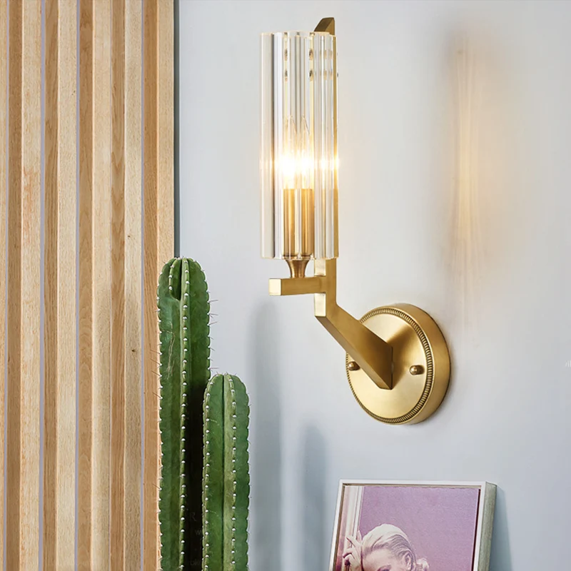 Crystal Tube/Cup/Flat Wall Mounted Lamp Minimalism 1 Light Geel koper Flush Wall Sconce Bedside Brass