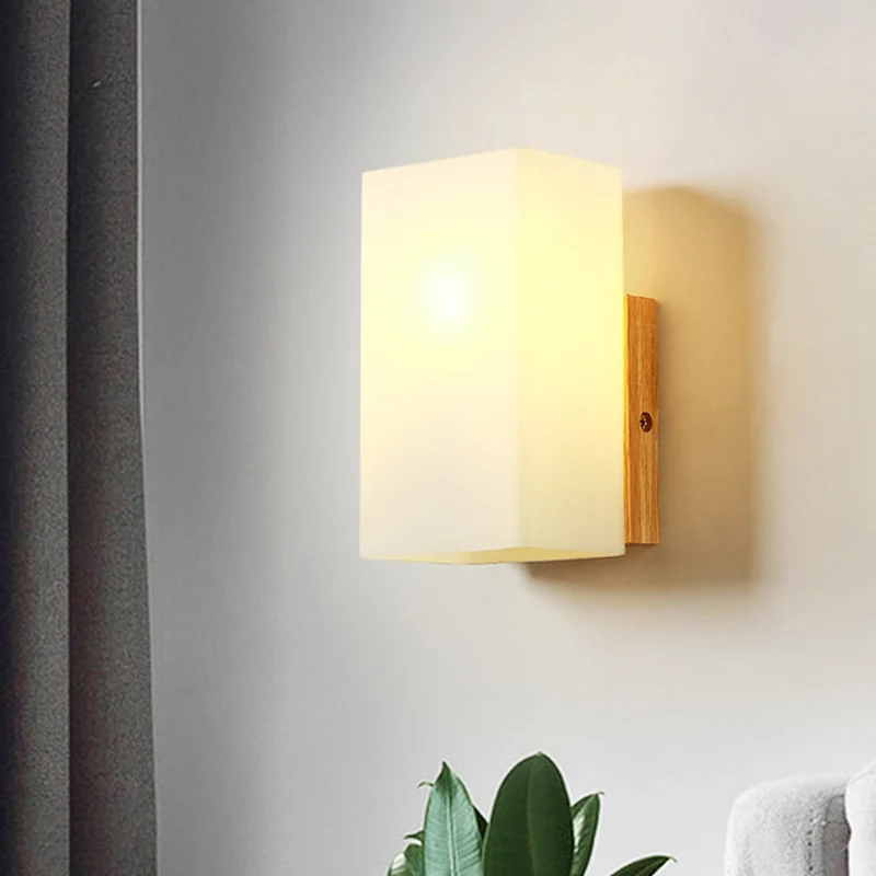 Cube Wall Mount Light Fixture Minimalism Opal Glass 1 Head Lichtbruin Surface Wall Sconce Wood Detail Beige