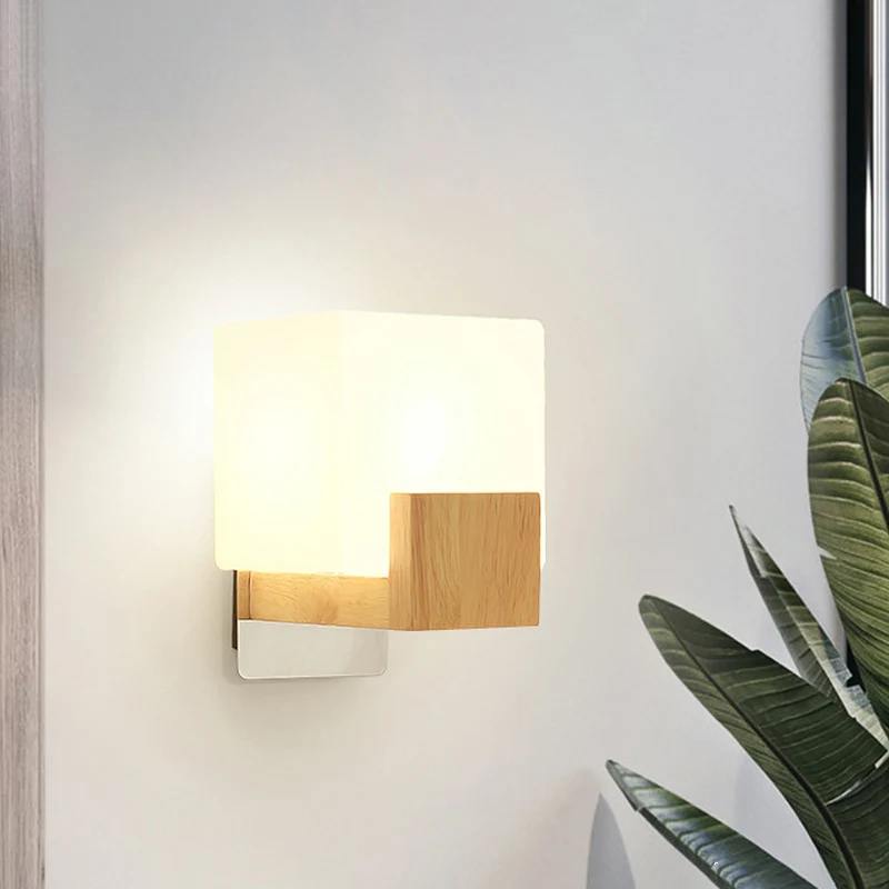 Cube Wall Mount Light Fixture Minimalism Opal Glaswerk 1 Head Beige Surface Wall Sconce Wood Detail Beige
