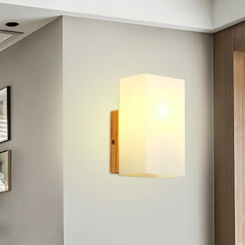Cube Wall Mount Light Fixture Minimalism Opal Glaswerk 1 Head Beige Surface Wall Sconce Wood Detail Beige