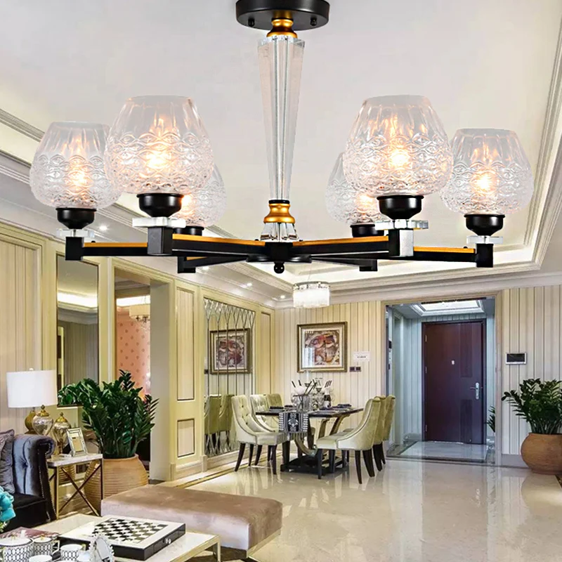Cup Shape Living Room Pendant Lamp Traditional Crystal 3/6 Lights Ebbenhout Chandelier Light Fixture Black