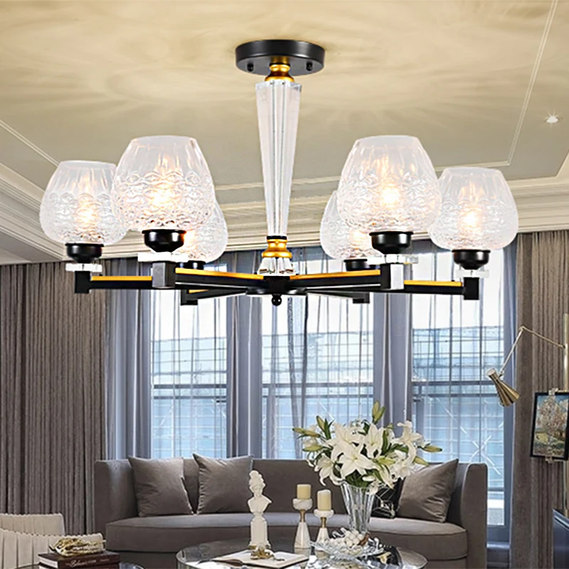Cup Shape Living Room Pendant Lamp Traditional Crystal 3/6 Lights Ebbenhout Chandelier Light Fixture Black