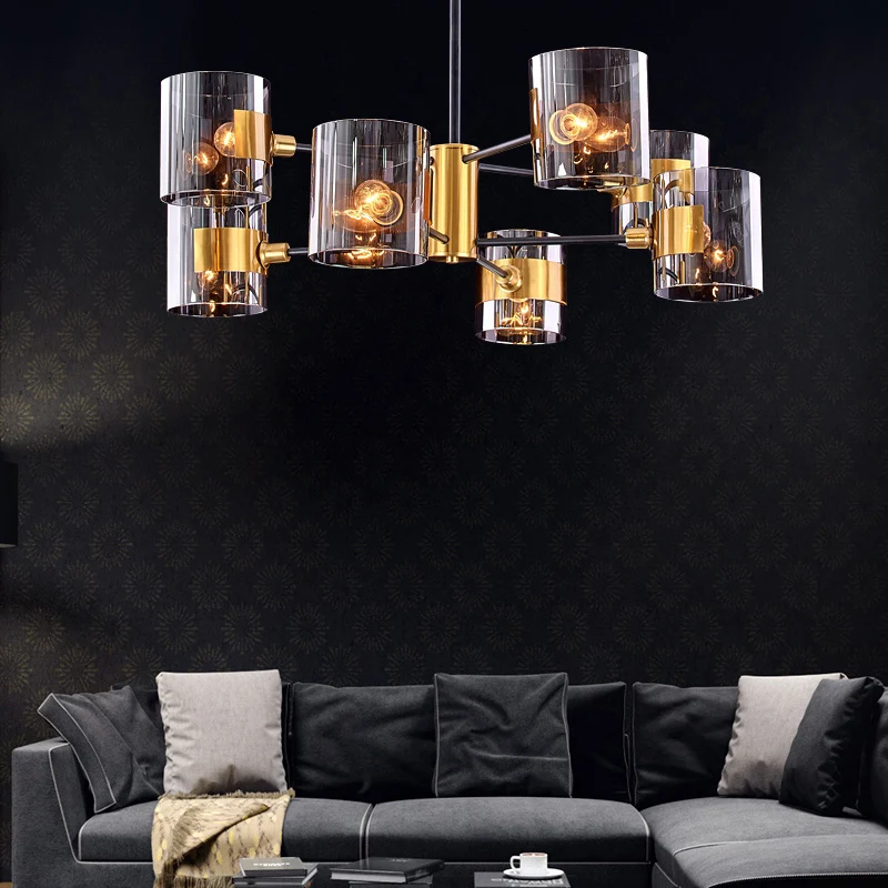 Cylinder Shaped Hanging Chandelier Postmodern Smoke Grey Glazen Living Room Pendant Light Brass Smoke