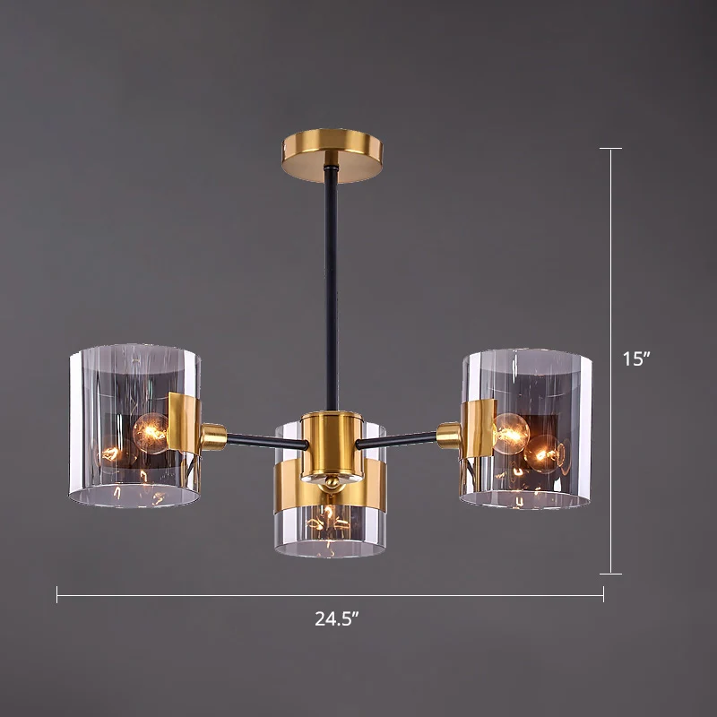 Cylinder Shaped Hanging Chandelier Postmodern Smoke Grey Glazen Living Room Pendant Light Brass Smoke