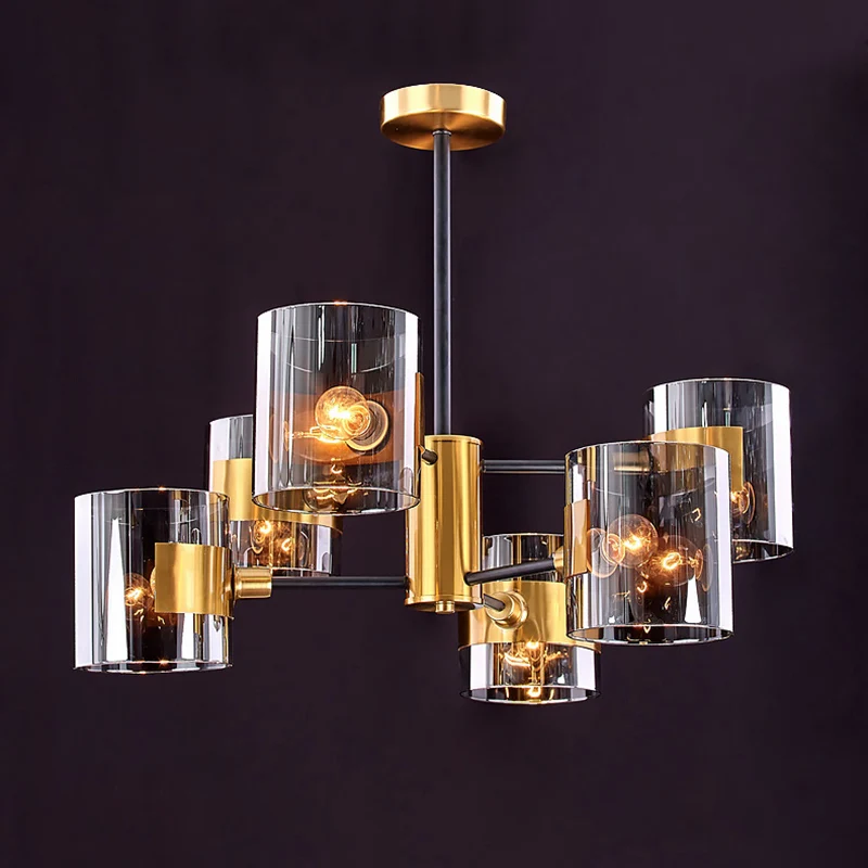 Cylinder Shaped Hanging Chandelier Postmodern Smoke Grey Glazen Living Room Pendant Light Brass Smoke