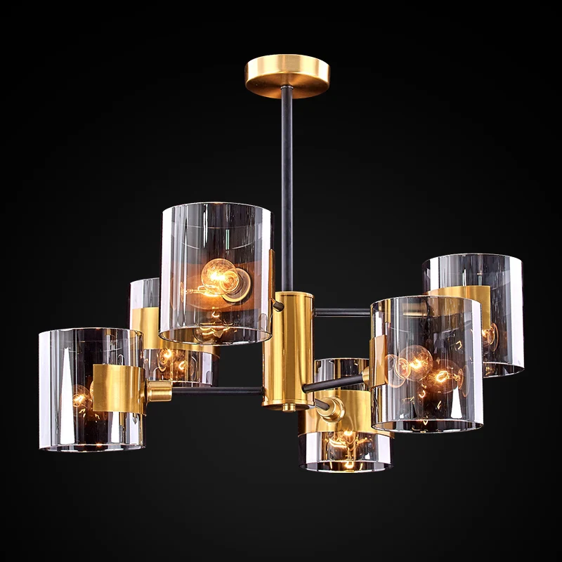 Cylinder Shaped Hanging Chandelier Postmodern Smoke Grey Glazen Living Room Pendant Light Brass Smoke