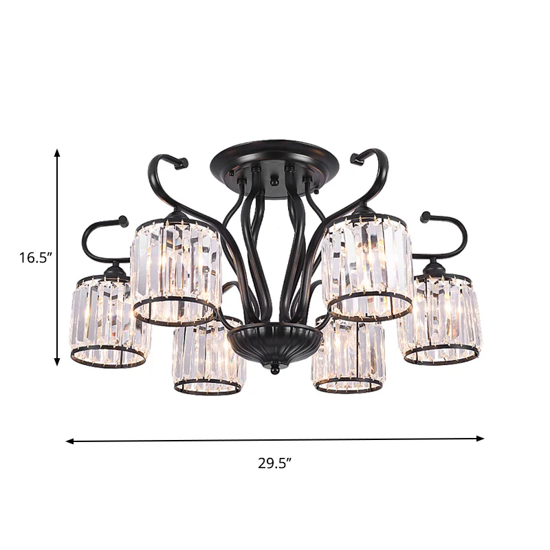 Cylindrical Crystal Semi Mount Lighting Contemporain 3/6 Lights Living Room Ceiling Light Black Black