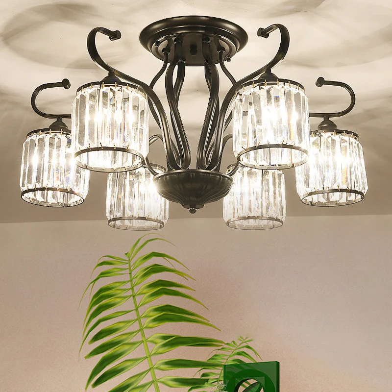 Cylindrical Crystal Semi Mount Lighting Contemporain 3/6 Lights Living Room Ceiling Light Black Black