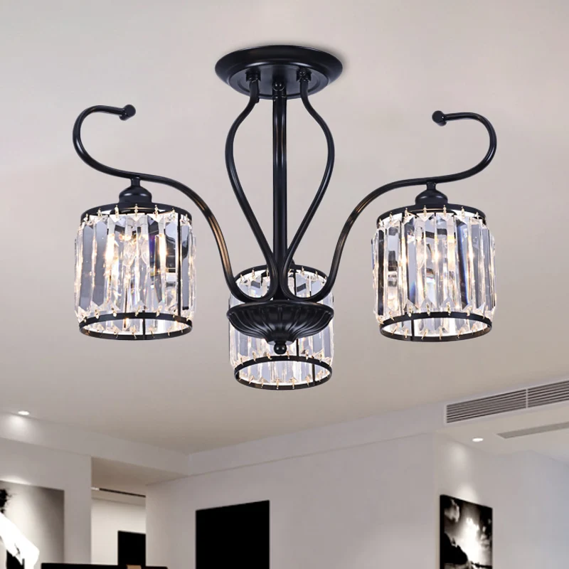 Cylindrical Crystal Semi Mount Lighting Contemporain 3/6 Lights Living Room Ceiling Light Black Black