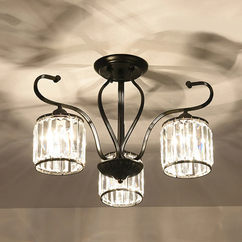 Cylindrical Crystal Semi Mount Lighting Contemporain 3/6 Lights Living Room Ceiling Light Black Black