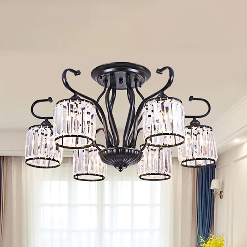 Cylindrical Crystal Semi Mount Lighting Contemporain 3/6 Lights Living Room Ceiling Light Black Black
