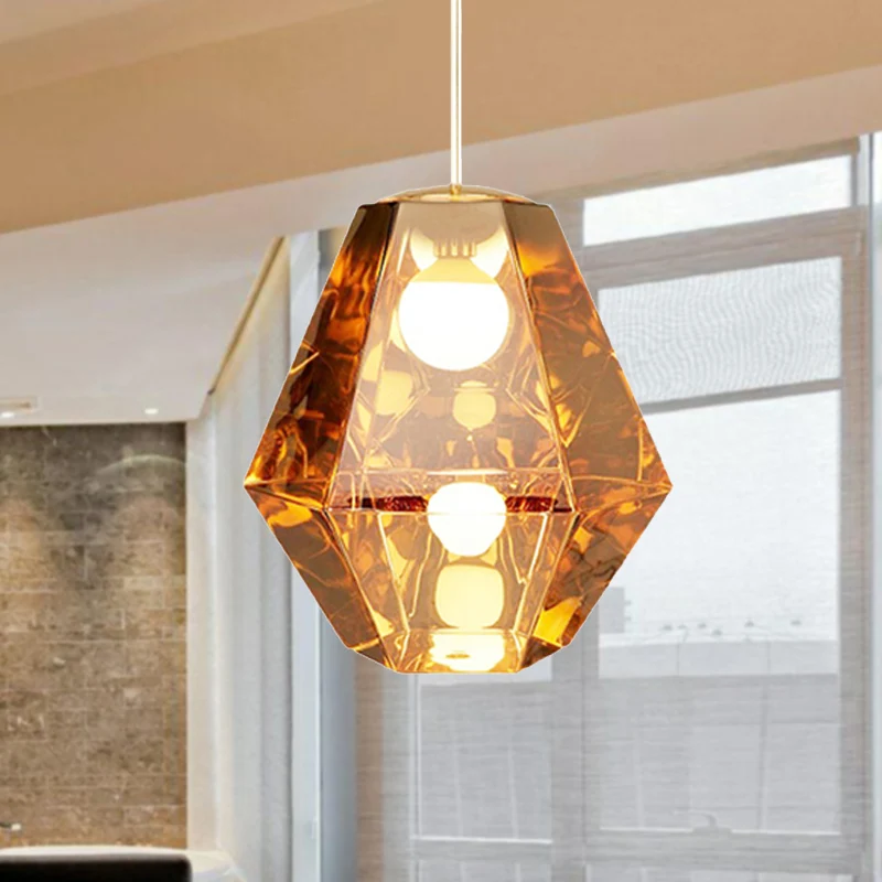 Diamond Pendant Lighting Post-Modern Glazen 1 Light Clear/Amber Hanging Ceiling Light Linear/Stout Shade Amber
