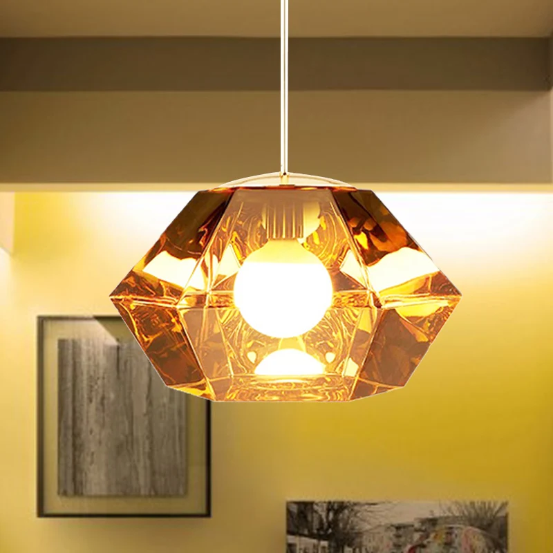 Diamond Pendant Lighting Post-Modern Glazen 1 Light Clear/Amber Hanging Ceiling Light Linear/Stout Shade Amber