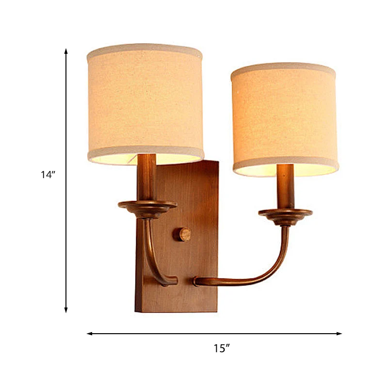 Fabric Shade Cylindrical Wall Lamp Antiek Style 1/2-Light Bedroom Wall Light Sconce Flaxen Flaxen