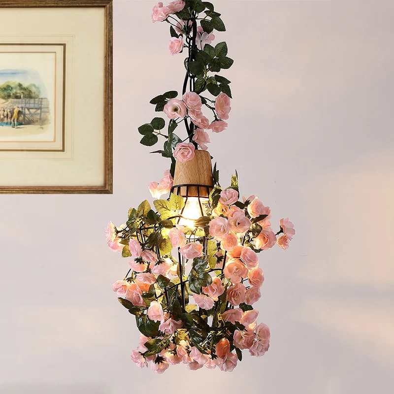 Farmhouse Jar/Diamond/Barn Cage Pendant 1-Light Iron Flower Suspended Lighting Fixture Wooden Cap Ravenzwart Black