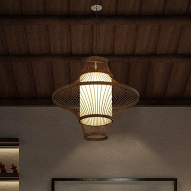 Flared Bamboo Pendant Light Fixture Asian Los Bulb Suspension Lighting White Shade Inner Coffee