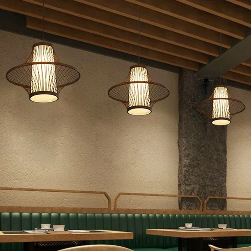 Flared Bamboo Pendant Light Fixture Asian Los Bulb Suspension Lighting White Shade Inner Coffee