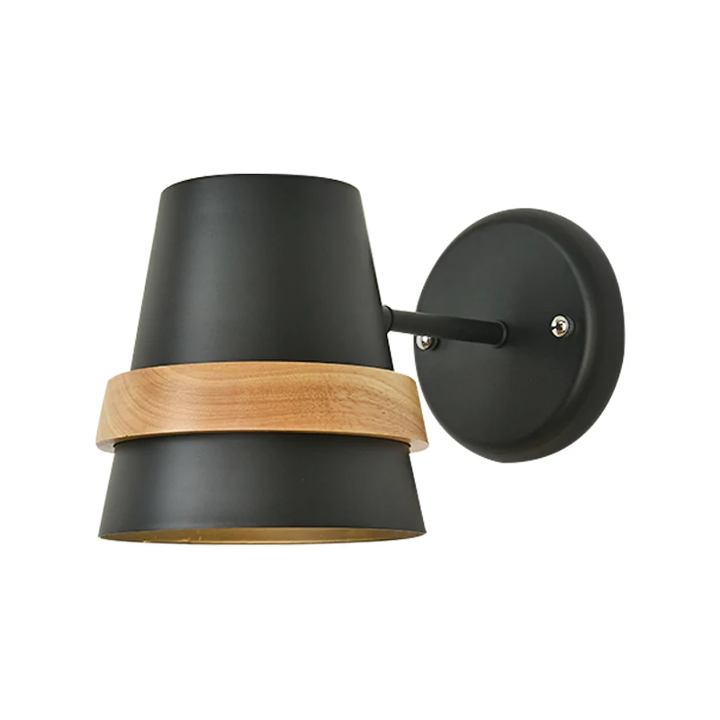Flexibel Horn Shaped Wall Light Minimalist Metal 1-Light Bedside Wall Lighting Wood Ring Decor Black