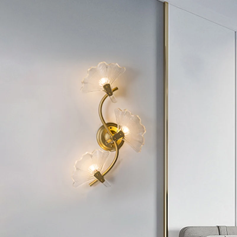 Ginkgo Leaves Wall Light Contemporain Decorative 1/3 Lights Clear Glass Wall Sconce Lighting Brass Brass