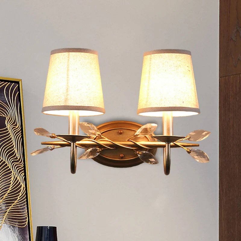 Goud Cone Wall Mounted Lighting Contemporary Fabric Shade 1/2-Bulb Sconce Light Fixture Crystal Drop Gold