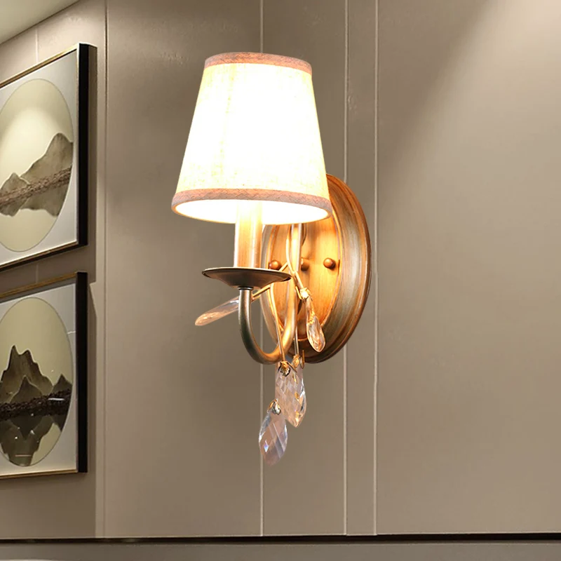 Goud Cone Wall Mounted Lighting Contemporary Fabric Shade 1/2-Bulb Sconce Light Fixture Crystal Drop Gold