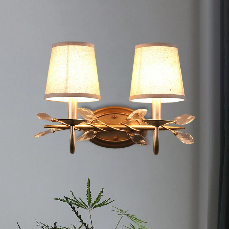 Goud Cone Wall Mounted Lighting Contemporary Fabric Shade 1/2-Bulb Sconce Light Fixture Crystal Drop Gold