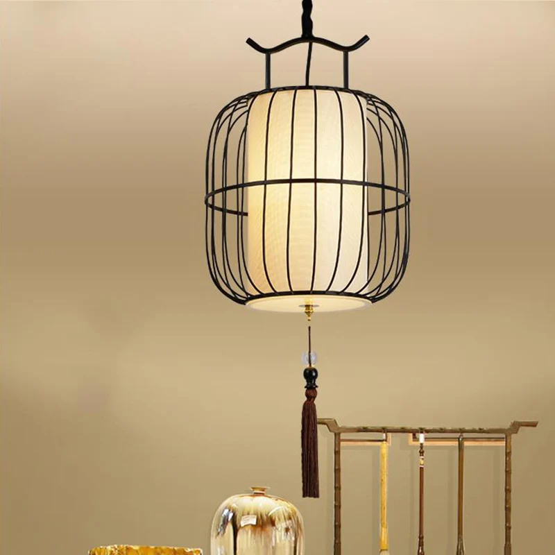 1 Head Indoor Pendant Lamp Cylinder Bamboehout Shade Chinese Style Black/Gold Hanging Fixture Black