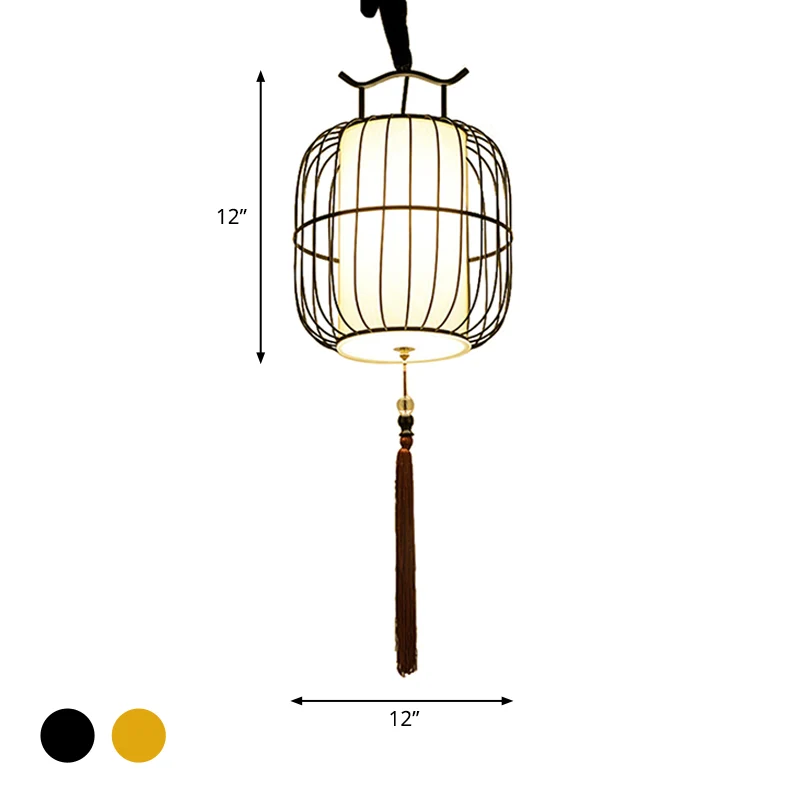 1 Head Indoor Pendant Lamp Cylinder Bamboehout Shade Chinese Style Black/Gold Hanging Fixture Black
