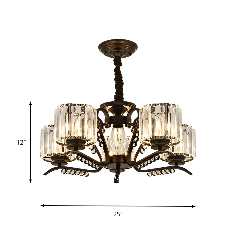 3/5 Heads Ceiling Chandelier Modernism Living Room Suspension Light Cylinder Crystal Shade Zwart Black