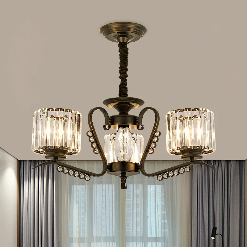 3/5 Heads Ceiling Chandelier Modernism Living Room Suspension Light Cylinder Crystal Shade Zwart Black