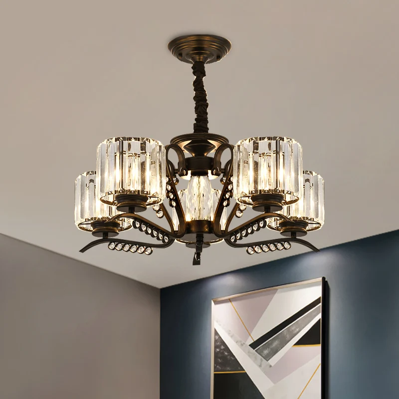 3/5 Heads Ceiling Chandelier Modernism Living Room Suspension Light Cylinder Crystal Shade Zwart Black