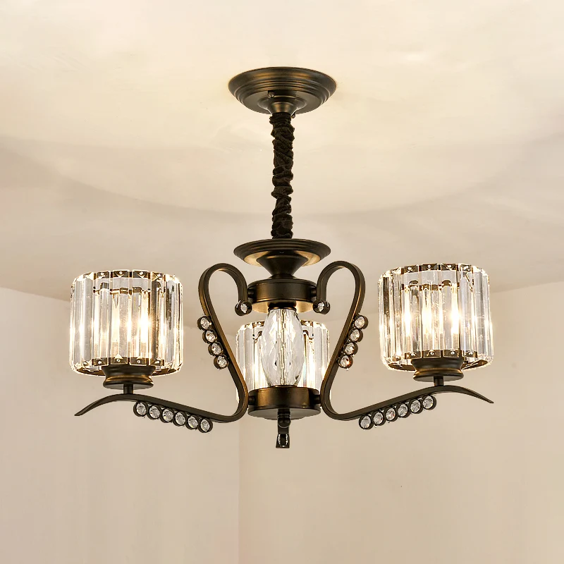 3/5 Heads Ceiling Chandelier Modernism Living Room Suspension Light Cylinder Crystal Shade Zwart Black