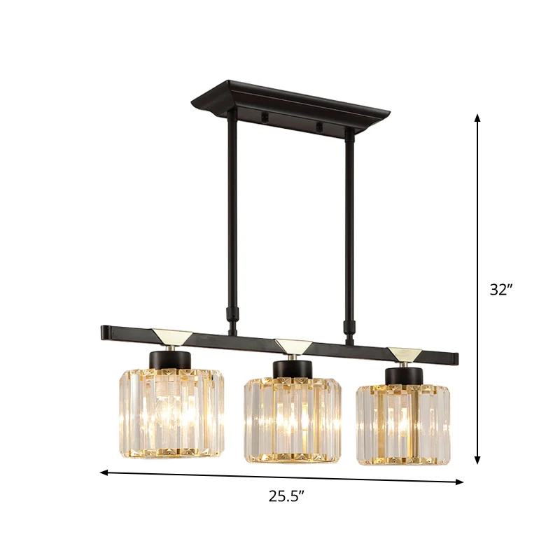3/4 Heads Island Pendant Antiekstijl Dining Room Hanging Light Cylinder Crystal Shade Black Black
