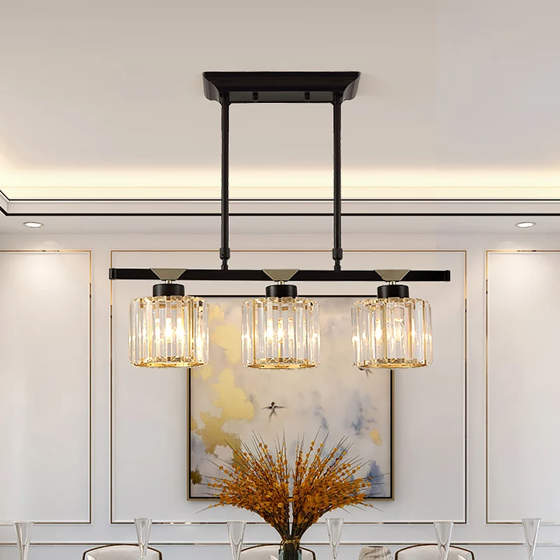 3/4 Heads Island Pendant Antiekstijl Dining Room Hanging Light Cylinder Crystal Shade Black Black