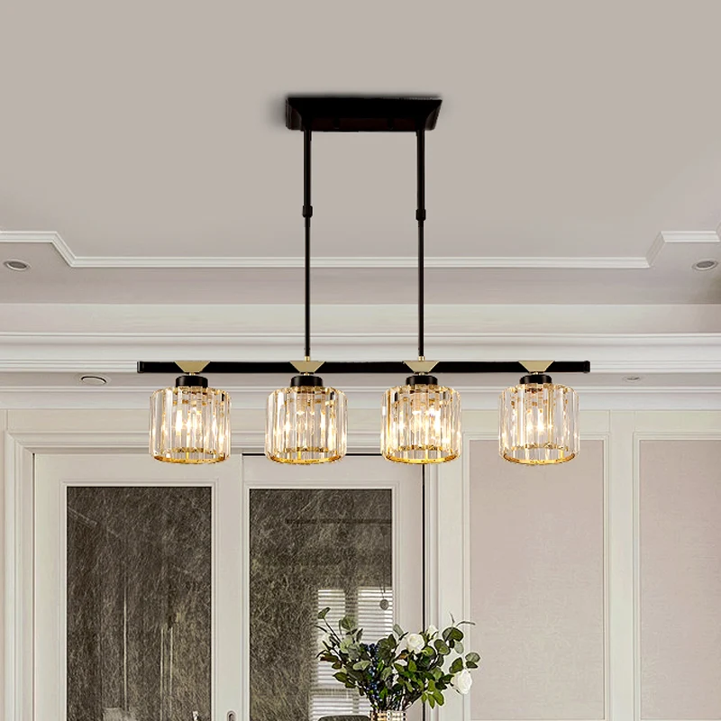 3/4 Heads Island Pendant Antiekstijl Dining Room Hanging Light Cylinder Crystal Shade Black Black