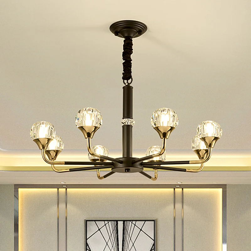 6/8 Heads Living Room Suspension Lamp Modern Black and Gouden Chandelier Light Fixture Ball Crystal Shade Black