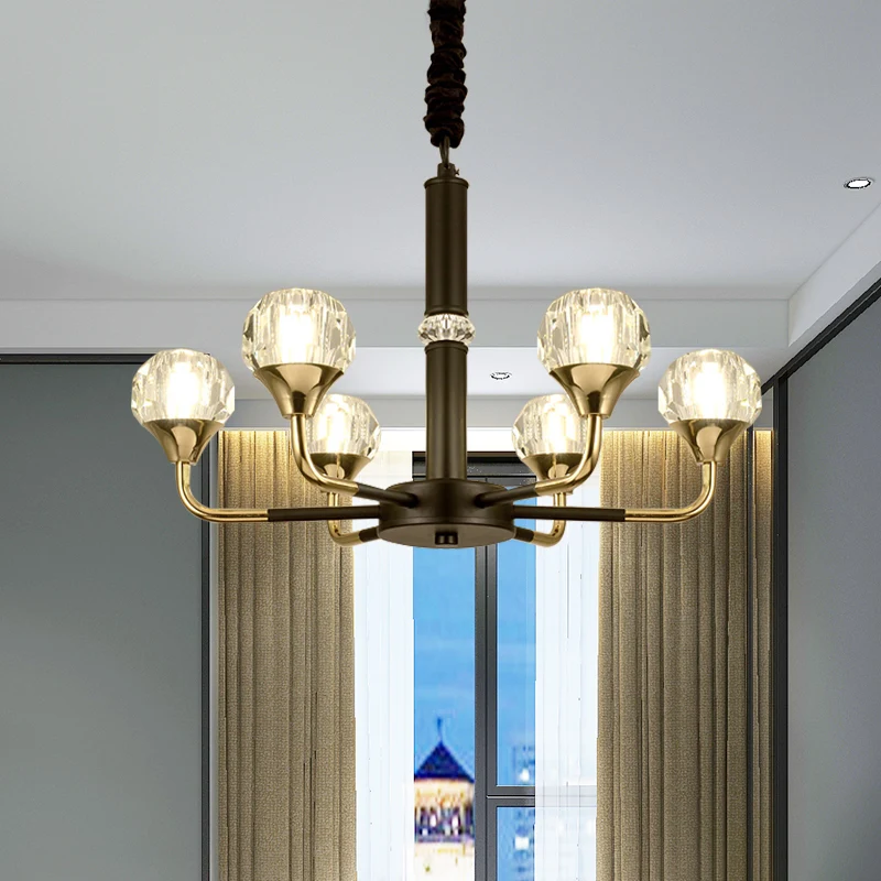 6/8 Heads Living Room Suspension Lamp Modern Ebbenhout and Gold Chandelier Light Fixture Ball Crystal Shade Black