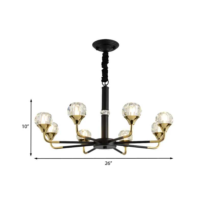 6/8 Heads Living Room Suspension Lamp Modern Ebbenhout and Gold Chandelier Light Fixture Ball Crystal Shade Black